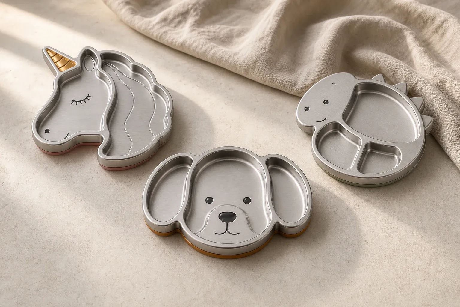 The beagle, unicorn and dinosaur plates together on pale stone and rumpled linen.
