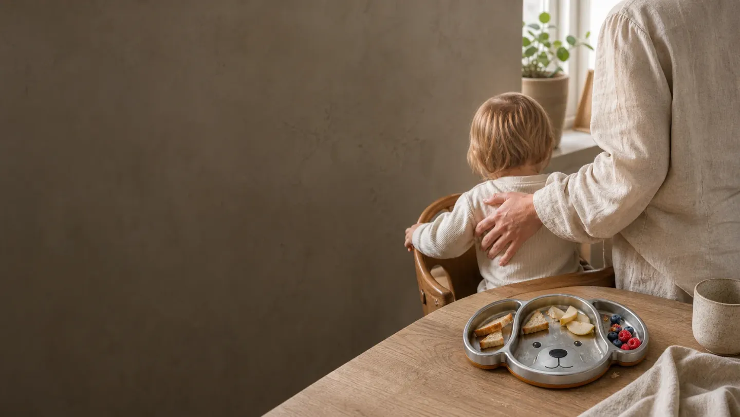 A parent settles a toddler at the breakfast table, with the beagle plate waiting nearby.